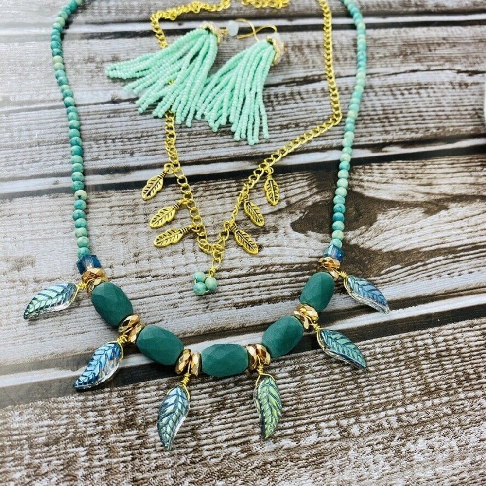 Agate Quartz Necklace 2 Strand Earrings Leaves